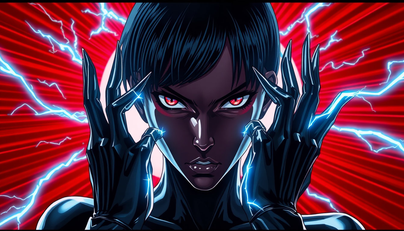 A professional anime screencap illustration featuring a futuristic technomancer woman with deep black skin infused with polished, reflective metallic plating. She is captured in a dramatic close-up shot, her face centered with a piercing "Kubrick stare" directed straight at the viewer, conveying an intense, predatory focus. Her hair is short and sleek, and her hands end in sharp, lethal metallic claws. She is positioned in a dynamic, slightly angled pose, with vibrant arcs of crackling blue and white electricity surging from her fingertips and coursing across her metal skin. The composition is anchored by a striking, monochromatic red sunburst background with radiating sharp lines, creating a powerful halo effect. The art style is high-end 2D digital illustration with bold, clean, and flawless linework, utilizing precise cel-shading to create sharp contrasts between deep shadows and bright highlights. The lighting is cinematic and dramatic, casting heavy shadows across her features. A subtle distance blur is applied to the peripheral elements to keep the focus locked on her intense gaze. The overall aesthetic is a world-class anime production, characterized by impeccable attention to detail and a polished, professional studio finish.