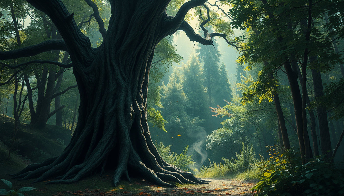 a scene unfolds in the midst of a vibrant, densely packed, and luxuriantly vibrant forest, teeming with life and immersed in an atmosphere of enchantment and mysticism. the air is thick with the scent of damp earth, verdant foliage, and the whisper of leaves in an eerie breeze. amidst this idyllic backdrop, a haunting and ominous presence emerges - a dark, gothic, and twisted tree, its bark a deep, foreboding black, as if the very essence of the forest's life force had been drained from its being. this twisted, gnarled tree stands out against the surrounding foliage, its branches reaching like skeletal fingers towards the sky, shrouded in an aura of foreboding darkness and malevolent presence. the trunk is adorned with gnarls and knots, like macabre fingers grasping for the heavens. the surrounding forest grows denser, the trees leaning in, as if drawn to this macabre centerpiece, their foliage growing more vibrant, their leaves an unnatural, almost surreal green. the style of this scene is reminiscent of j.c. leyendecker's vibrant paintings, with their vintage lines and hard-cel shading, transporting the viewer to a world of wonder and enchantment. the scene is bathed in high contrast colors, the vibrant hues of the forest pitted against the deep blacks of the demonic tree, creating an atmosphere of visual tension. the overall aesthetic is refined to a concept-art quality, with every detail meticulously crafted, from the painterly finish to the intricate texture of the leaves. a subtle play of light dances across the scene, with shafts of dappled sunlight filtering through the treetops, casting an air of mystery and unease over the forest floor. the atmosphere is heavy with anticipation, as if the very fabric of reality is about to be torn asunder by the malevolent presence of the demonic tree. in the foreground, a few scattered leaves lie scattered across the forest floor, their delicate patterns and vibrant colors a stark contrast to the darkness of the tree. a few wisps of mist curl around the trunks of nearby trees, imbuing the scene with an air of mysticism and the unknown.