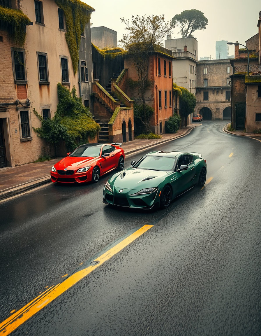 bmw and toyota supra mk4 drifting weightlessly above a streaked asphalt street in crumbling ruins with vines, moss‑carpeted staircases and trees sprouting from broken rooftops, cloisonnism style with bold dark outlines separating flat vermilion, saffron and deep green color zones, minimal shading, decorative graphic surface, pale morning light and soft misty rain, grainy lived‑in texture, anamorphic widescreen cinematic view, horizontal lens flare, oval bokeh, shallow depth of field, warm edge falloff, cloisonnism aesthetic emphasized.