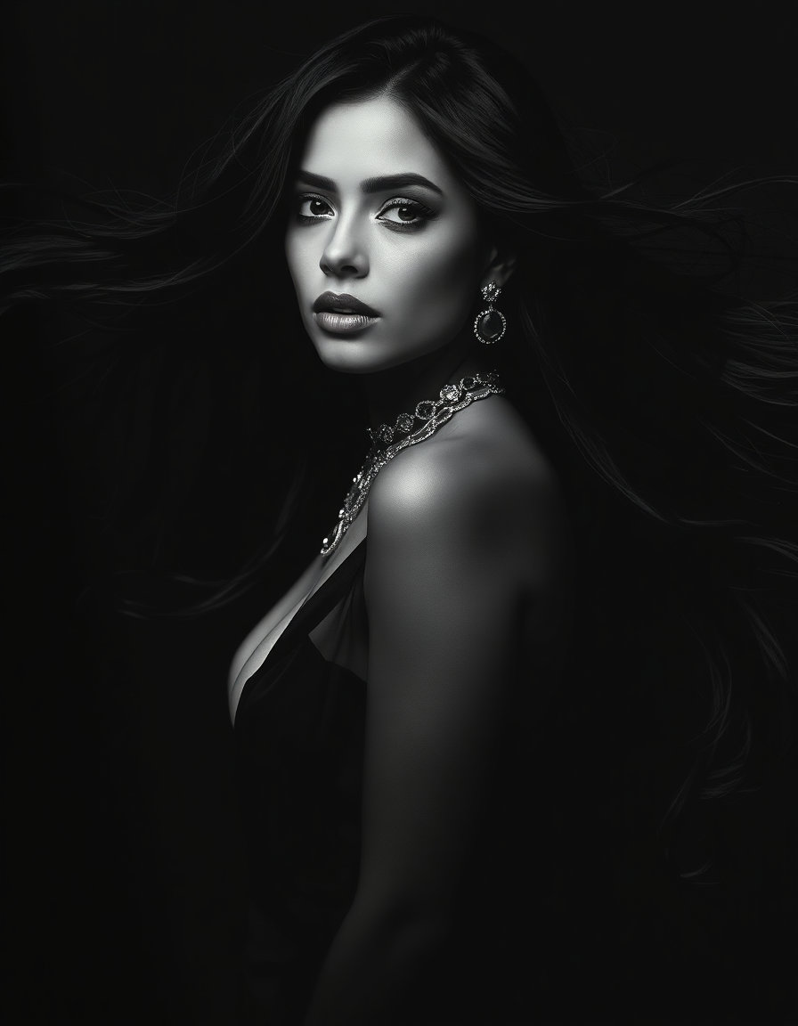 latina female portrait with long black hair, wearing sheer silky elegant garments and decadent jewelry, set against a solid black background; etched reality style with bold etched lines and intricate line patterns, high‑contrast monochromatic palette and luminous glow, dynamic movement and surreal abstract composition; flowing hair rendered in fine detail, soft focus depth and texture, minimalist modern art vibe, subtle cinematic lighting, 85mm lens f/2.8 perspective, emphasizing ethereal, conceptual elegance while preserving the subject’s realistic anatomy and luxurious accessories.