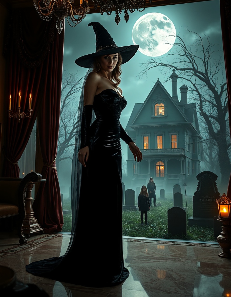 dark witch, a glamorous celebrity styled like a prom queen, standing elegantly in a richly decorated home interior in warrington, with luxurious velvet curtains, sparkling chandeliers, and polished marble floors; she radiates an aura of dark enchantment, her eyes glowing with magical power as she prepares to cast ominous, swirling evil magic toward shadowy silhouettes of her children who appear as faint, frightened figures in the background, their faces lit by faint ethereal light. the scene is presented as a bright, high‑definition video tableau, with vivid colors and crisp focus, emphasizing the contrast between the lavish, shimmering home setting and the sinister magical energy. outside the house, a misty graveyard stretches beneath a full moon, ancient cracked tombstones and gnarled dead‑wood trees framing a looming, gothic haunted house with cracked windows, flickering lanterns, and creeping vines, all rendered in dramatic, cinematic lighting that highlights the eerie atmosphere while keeping the overall composition bright and visually striking.