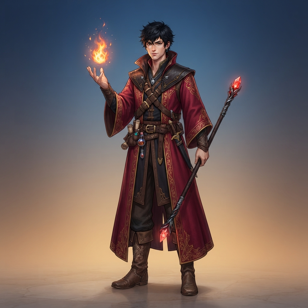 original character design of a young man wizard in crimson robes, short black hair, a small flame hovering above his open palm, full body standing pose, clean soft gradient studio background, vibrant, crisp high detail, digital illustration, no text, no words, no watermark