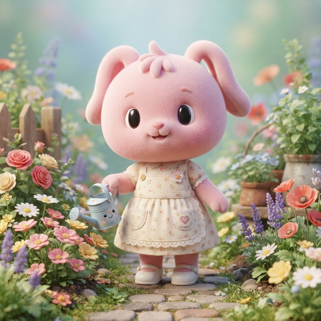 cute round-headed cartoon bunny villager character, big head, simple oval eyes, pastel pink fur, wearing a little apron, holding a watering can in a flower garden, chibi 3D toy style, soft lighting, clean soft gradient studio background, vibrant, crisp high detail, digital illustration