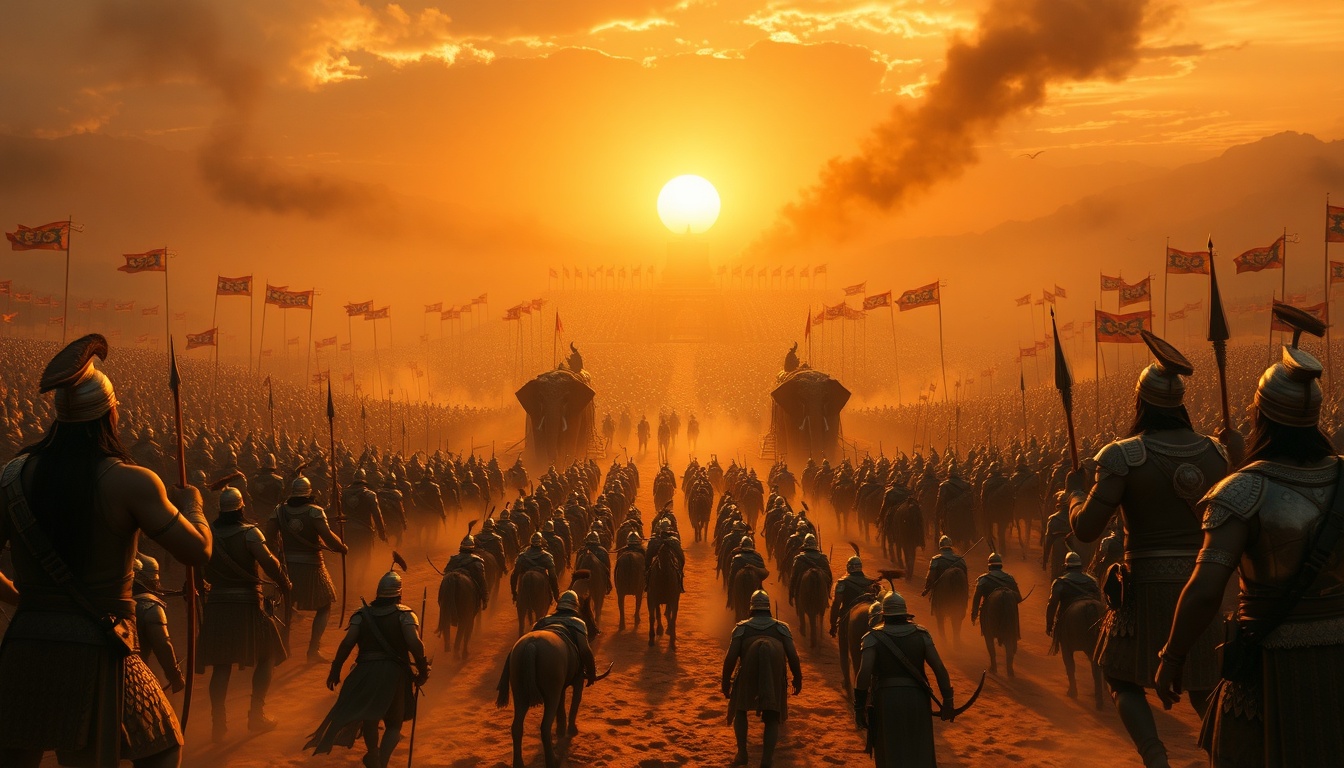 Epic Kurukshetra battlefield scene from Indian mythology, millions of ancient warriors standing face to face before the Mahabharata war, vast battlefield filled with soldiers, elephants, horses and chariots, sunrise light over dusty battlefield, warriors wearing ancient Indian armor and holding bows, spears and shields.
Character details: Pandava and Kaurava warriors with traditional dharma yuddha armor, golden crowns, long hair tied in warrior style, muscular bodies, holding bows and swords, elephants decorated with royal armor, horses pulling chariots.
Environment: massive Kurukshetra battlefield, dusty air, dramatic sunrise sky, war flags waving in the wind, fire torches burning, ancient Indian battlefield atmosphere.
Camera: cinematic wide aerial shot slowly moving forward across the battlefield, epic scale, dramatic slow motion.
Style: Indian mythology epic cinematic style, Mahabharata aesthetic, ultra detailed, dramatic lighting, 4K, high detail, historical epic atmosphere.