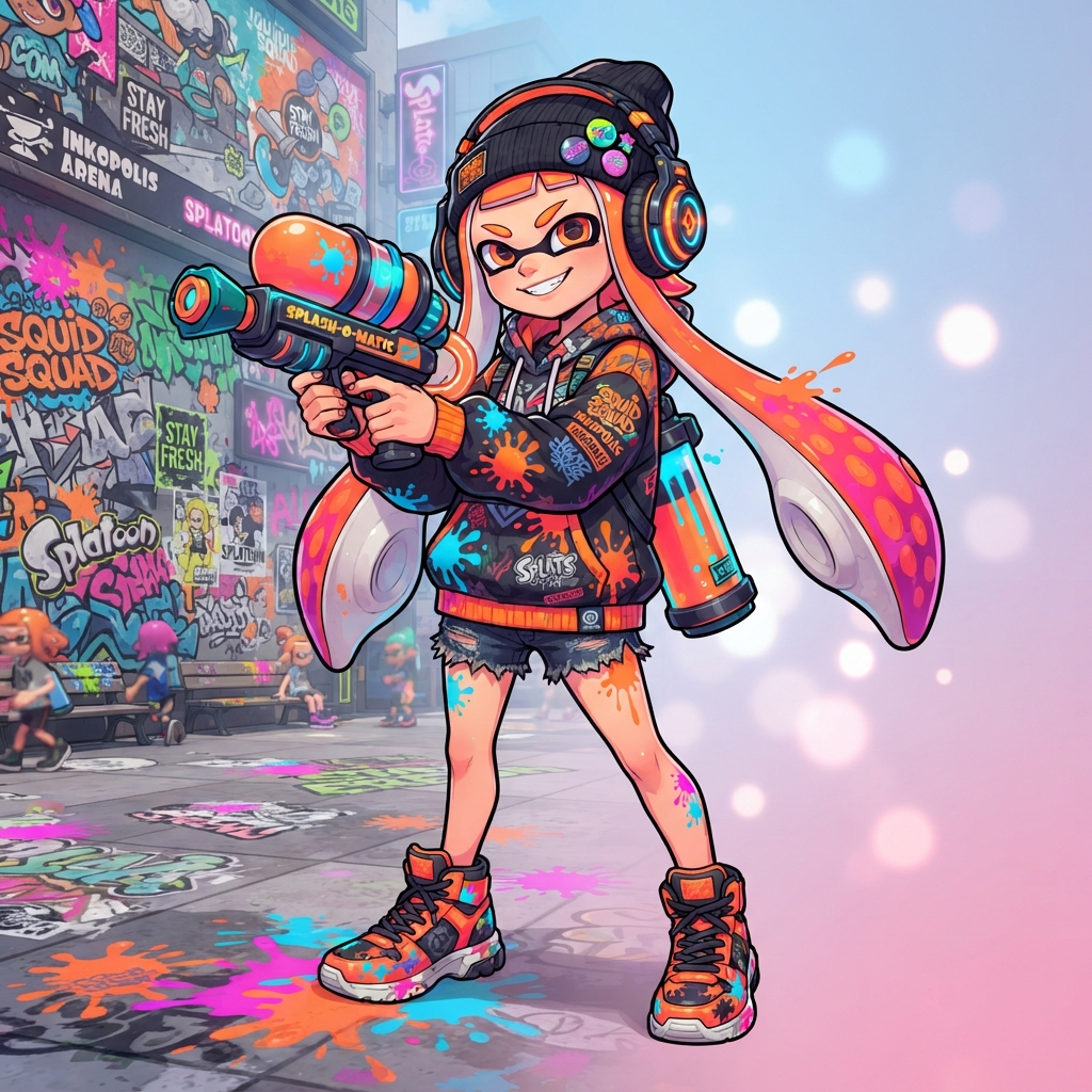 full body teen character with squid like tentacle hair in bright neon orange, streetwear hoodie and high top sneakers, big headphones, ink splats on clothes, holding a paint blaster toy, urban plaza with graffiti, cel shaded, bright ink colors