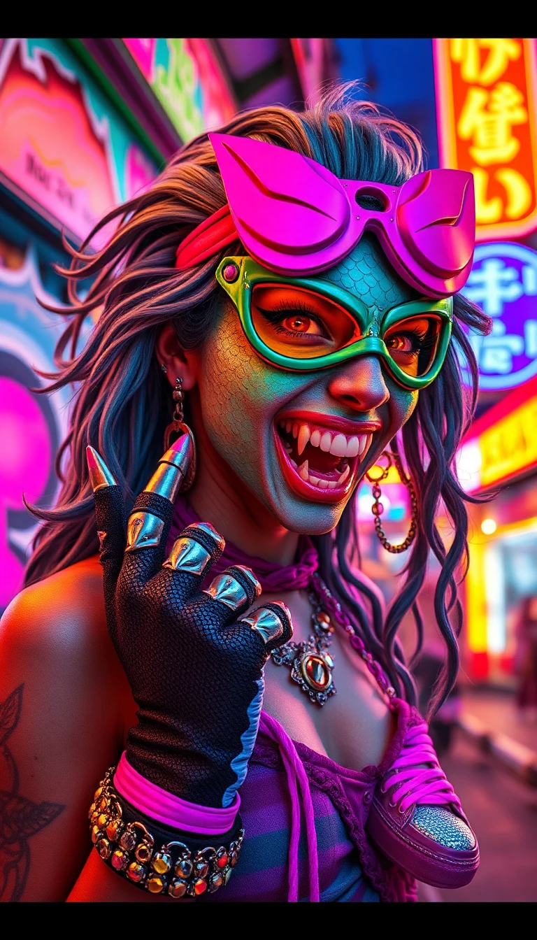 a mythical siren with jade scales and copper accents, flowing seaweed hair, wearing an eclectic fashion mashup of bold, colorful accessories—pastel‑graffiti‑sprayed masks, vibrant neon‑striped opera gloves, a crimson domino eye covering, magenta‑striped sneakers, and shimmering metallic jewelry—against a vibrant, neon‑drenched tokyo street backdrop with pastel graffiti walls, holographic cyberpunk glow, and high‑contrast orange‑pink sunset hues; intense gaze and fierce trumpet‑like scream send sharp sound waves outward like a sonic boom, bioluminescent coral reef lighting mingles with street neon, warm golden light radiates from her lips and teeth, metal spikes pierce her lips, nose ring, stretched ear gauges with chains, all illuminated by epic cinematic lighting casting warm golden shadows.