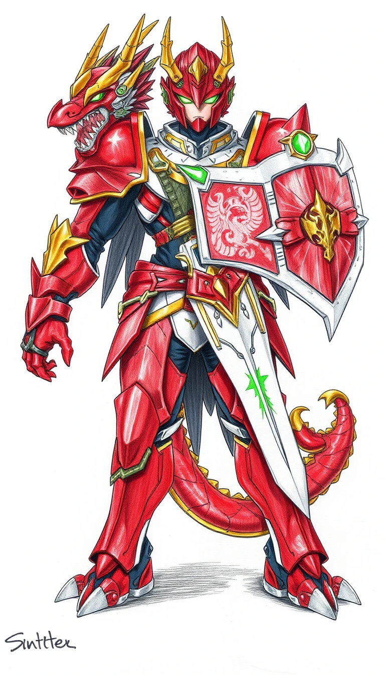 Full body character concept art of a heroic male knight in dragon-themed mecha armor, standing in 3/4 front view dynamic pose, traditional mixed media process: visible non-photo blue pencil underdrawing with construction lines for proportions and armor segmentation, fully inked with clean black fineliner using precise confident contours and panel lining, partial flat color rendering with colored pencils and alcohol markers only on the main red armor plates, gold trim, and green energy accents, subject wearing an ornate dragon helmet with golden crown horns, spiked jaw guard and glowing green visor eyes, asymmetrical design with massive right arm gauntlet shaped like a dragon head featuring sharp teeth, green eyes and a central red shield emblem with gold phoenix crest, layered red and gold spiked shoulder pauldrons with black undersuit visible, segmented white-silver chest plate with gold lightning trim, holding a large sci-fi greatsword in the left hand with glowing green energy blade and gold core, legs in red and gold segmented greaves with clawed feet, high contrast, modern anime tokusatsu character sheet aesthetic, work-in-progress look showing blue pencil construction clearly visible under the ink in uncolored areas like the chest plate and boots, white paper background --no photorealistic, no 3d render, no full cel-shading, no background, no smooth digital airbrush, no metallic rendering, 9:16 aspect ratio.