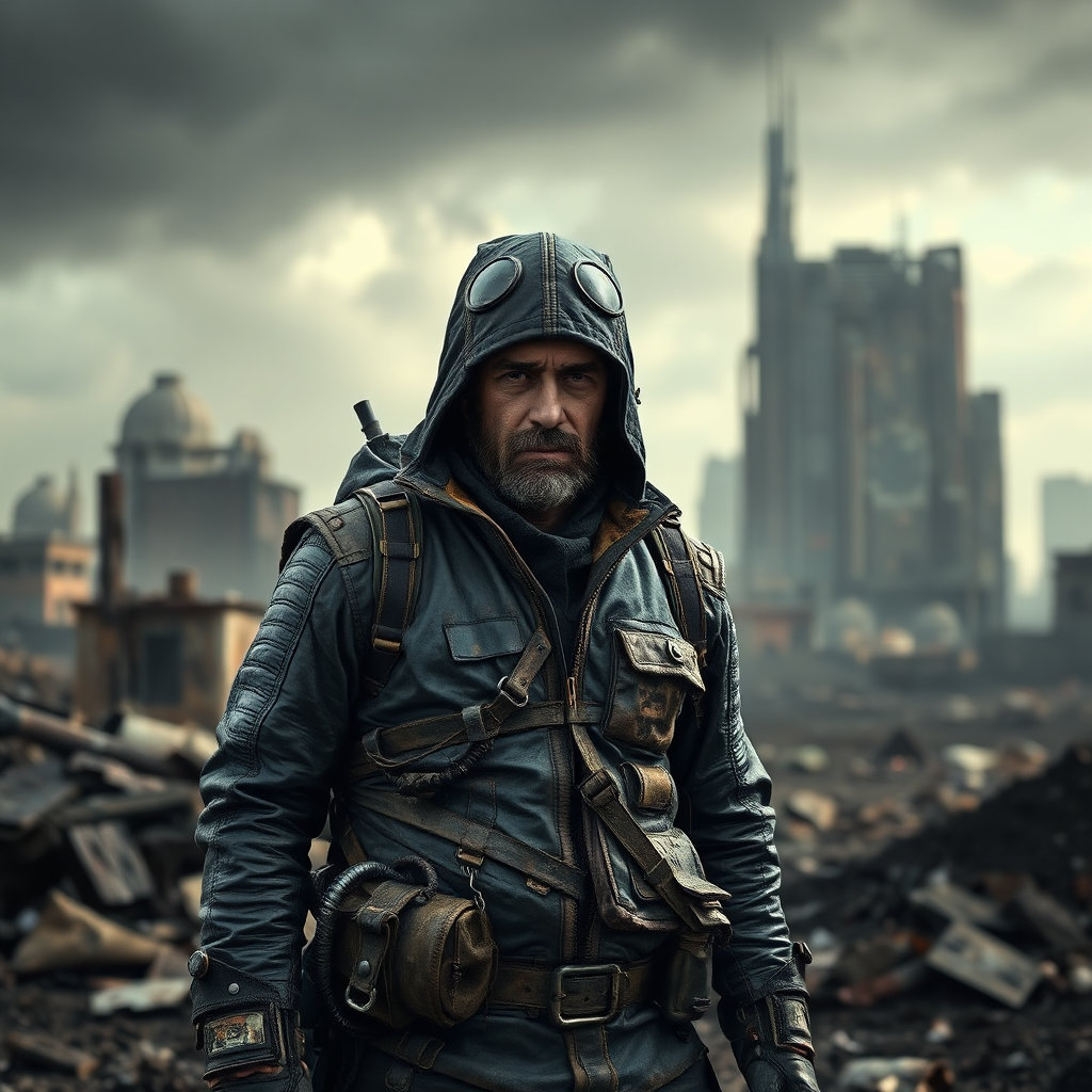 Post-apocalyptic survivor, rugged leather outfit, dystopian city ruins, gritty texture, dramatic shadows, survival gear, --ar 16:9 --q 2 --s 180
