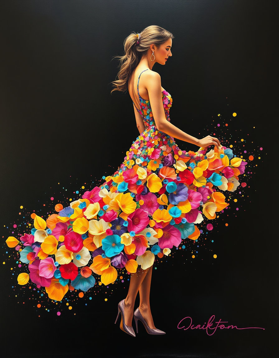 a woman in a flowing dress of multicolored flower petals, standing against a deep black backdrop, rendered in bay area figurative style with broad gestural brushstrokes, thick impasto and warm california yellows, oceanic blues, sun‑bleached whites blending into the neon pointillist dots; the dress and silhouette emerge from luminous electric blue, cyan, magenta, violet and pink dot outlines that dissolve into expressive paint fields, glowing sparkling accents and partial dot dispersion convey motion, while the composition balances sharp figurative form with spontaneous abstract texture.