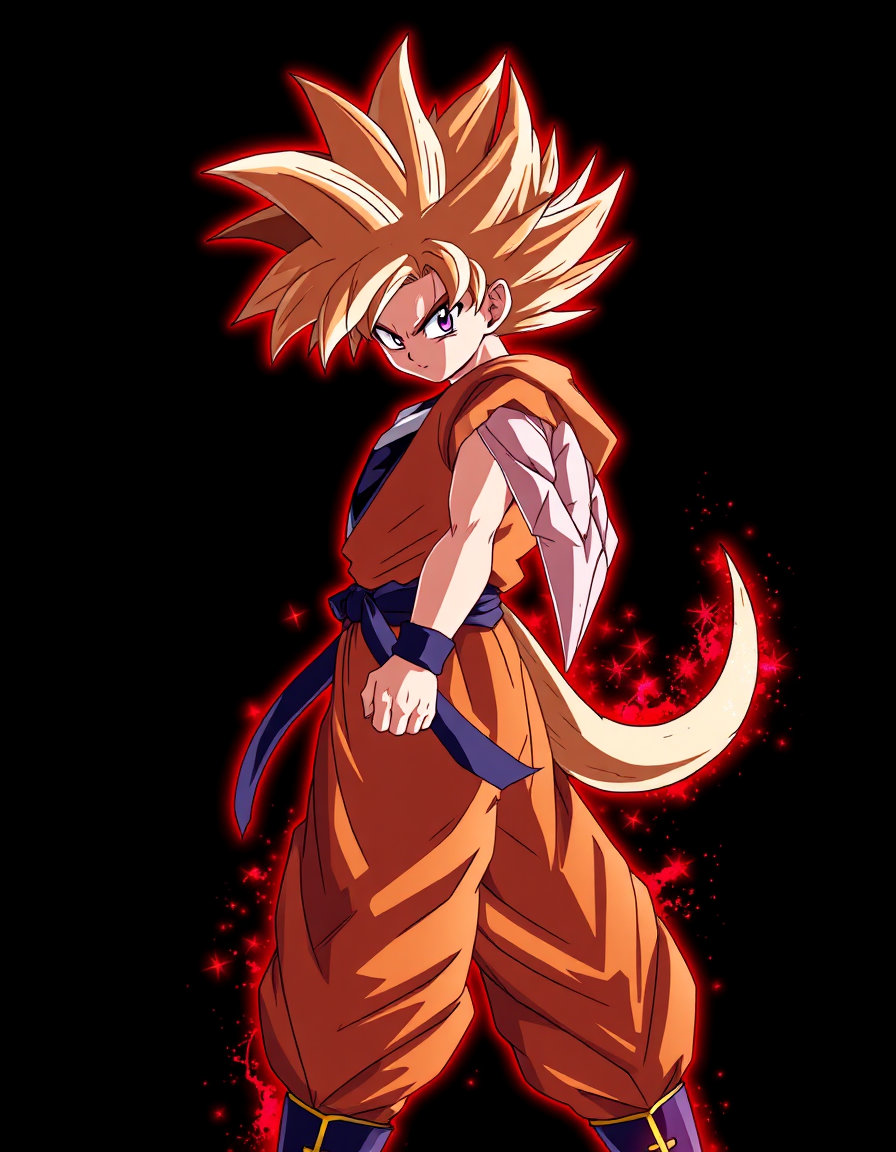 Goku supper Saiyan 4, Dragon ball GT, Goku super Saiyan 4 from dragon ball GT, dragon ball GT background, looking at viewer, full body view of Goku super Saiyan 4 GT, red sparkling aura, black background, og character with the tail, anime style, dragon ball gt anime style, dragon ball anime style