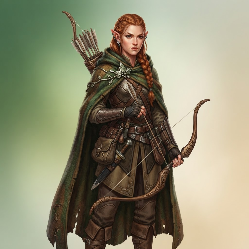 an elven ranger with a longbow, hooded forest cloak and leaf clasp, tabletop fantasy character portrait, clean soft gradient studio background, vibrant, crisp high detail, digital painting