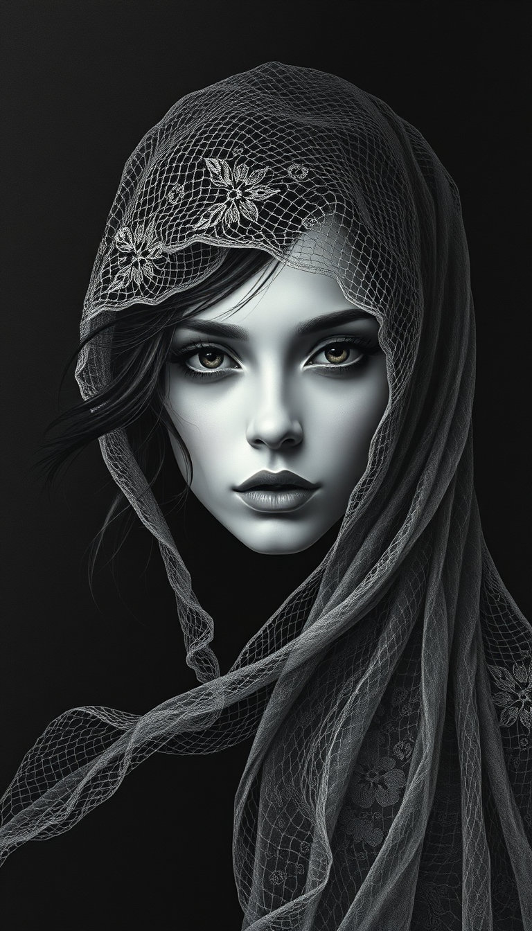 "a minimalist face with defined, unpainted features on a stark, monochromatic background emerge from intricate, etched lines that dance across the surface, as flowing hair swirls around the subject's face, set amidst a delicate, intricate lace veil that subtly blends into the surrounding dark hues, contrasted with smoky, vibrant eyes in a smoky rainbow that subtly bleed into the edges, blending dark and light in a dance of negative space, with bold, high-contrast lines and abstract composition that infuse the haunting portrait with a sense of enigmatic, ethereal aura, and a soft, luminous glow emanates from the subject's face, casting a serene, otherworldly presence that gently emanates from the subject's features, the lace, the background, and the etched lines, in a visually striking, surrealistic portrait that captures the essence of modern art."