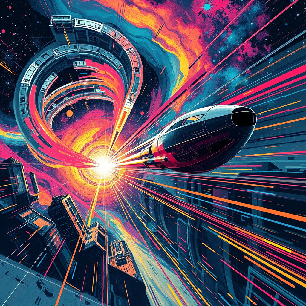 in a vibrant cosmos, amidst swirling galaxies and nebulae, dynamic motion art inspired by the futurist movement comes to life. futuristic cityscapes and sprawling metropolises are depicted with bold, metallic hues and primary colors, showcasing rapid industrial progress. dynamic lines and fragmented forms shoot across the canvas, illustrating objects and figures in constant motion, such as speeding spacecraft, asteroids, or celestial bodies hurtling through the void. a blend of chaotic and energetic compositions is achieved through the clever use of overlapping shapes and vibrant contrasts, creating an immersive sensation of acceleration and advancement. in this breathtaking scene, sleek, high-tech architecture and advanced technology merge with the infinite possibilities of outer space, producing a visually stunning representation of futurism and the pursuit of limitless exploration.