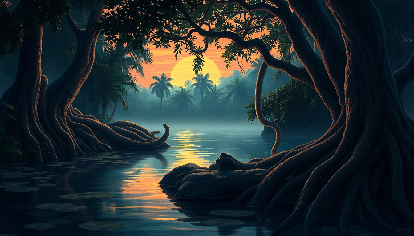 in the foreground, a serene and ominous water's edge comes into focus, dominated by a lush, vibrant, and prehistoric jungle, where ancient tree trunks twist and turn towards the sky like colossal stone pillars, their gnarled bark bearing secrets of untold centuries. a tranquil pond glimmers softly in the shadows, its surface reflecting the dappled hues of the overhanging foliage like a mirrored window to the soul. the atmosphere is heavy with an air of foreboding as the pond's seemingly peaceful waters give way to a scene both macabre and inexplicable, where pale, almost ethereal tentacles rise from the depths, their sinuous forms adorned with small, menacing snake heads, their beady eyes fixed with an unblinking, primeval intensity. at dusk, the surrounding foliage is set aflame with a kaleidoscope of vibrant colors, imbuing the air with a sense of otherworldly wonder, as if the very essence of the jungle has been distilled into an oil painting of unparalleled beauty. hard, graphic lines and high-contrast colors blend seamlessly with the soft, ethereal light of a setting sun, imbuing the scene with a sense of dynamic energy. in the distance, the jungle's majestic canopies give way to a hazy, dreamlike atmosphere, evoking the surreal landscapes of a vintage graphic novel or an 80s-era fantasy illustration. and as the eye roams freely, it settles upon the pond once more, its tranquil surface now home to an unspeakable horror, a grotesque fusion of serenity and monstrosity that defies the senses and challenges the imagination. in the background, the atmosphere is reminiscent of a concept art piece, where refined, detailed lines blend seamlessly with the overall visual narrative, imbuing the scene with a sense of depth and dimensionality that belies the subtle, almost eerie sense of menace that pervades every aspect of the image. every brushstroke, every layer of glaze, and every textured element is imbued with a sense of organic, almost living quality, as if the jungle itself has been captured in a digital oil painting of breathtaking realism, where every detail seems to leap from the surface like a living, breathing entity.
