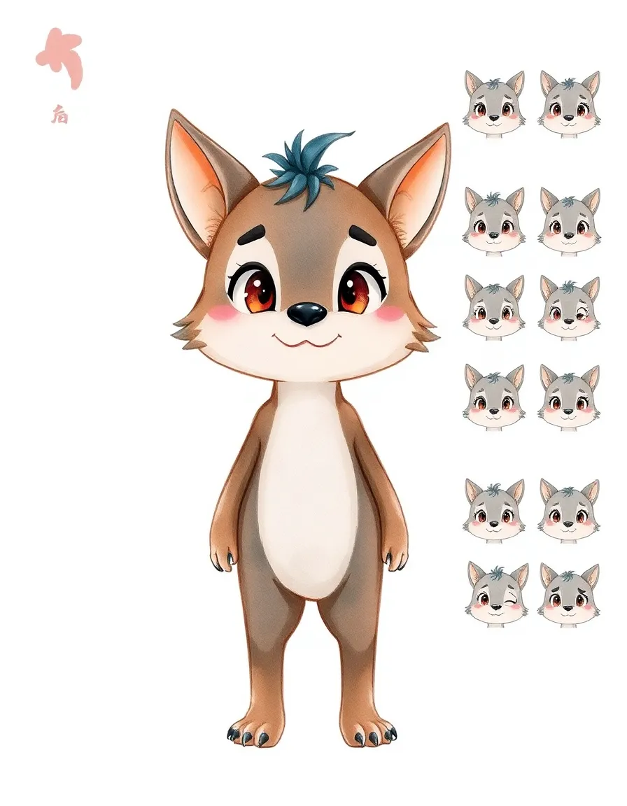 watercolor illustration, textured brushstrokes, soft shading, anthropomorphic animal character, cartoon style, animation character sheet, front view, side profile, expression sheet, 生成一張航拍鏡頭, 畫面是森林, 有山, 有河, 有動物