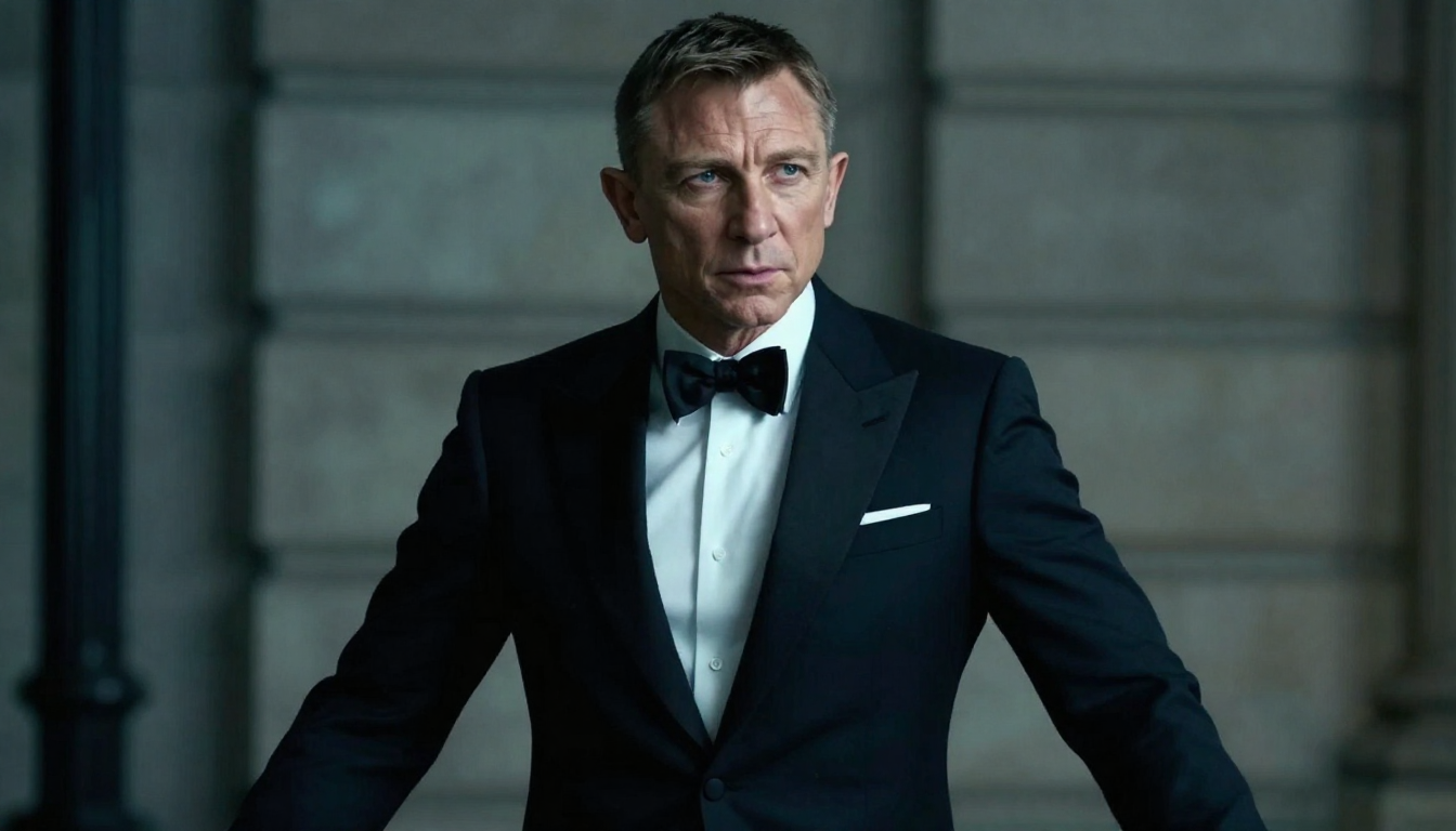 James Bond style, Daniel Craig era, modern spy thriller aesthetic, elegant man in tailored tuxedo or dark suit, intense and determined expression, cinematic lighting, high contrast, cool color grading, dramatic shadows, luxury and danger atmosphere, MI6 secret agent vibe, action-ready pose, refined yet brutal realism, shallow depth of field, ultra-detailed, photorealistic, cinematic composition, high-end movie still