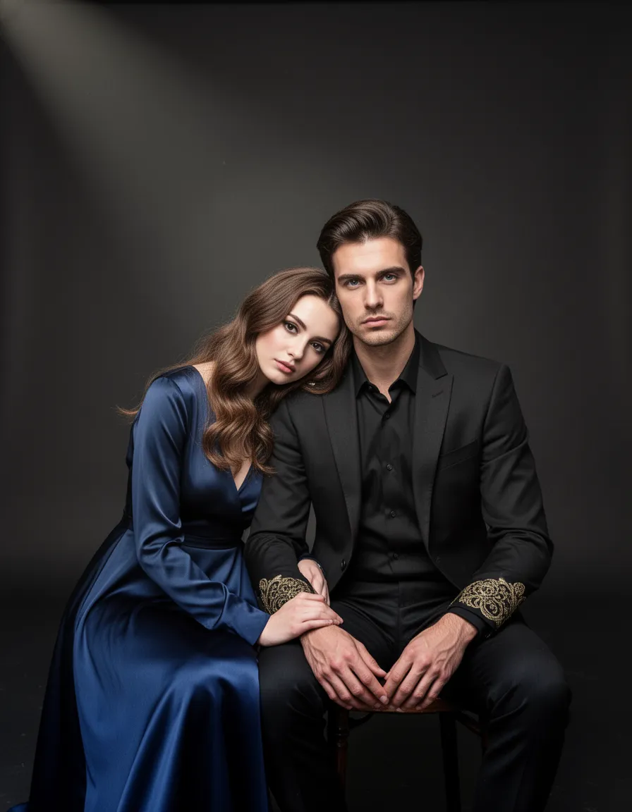 A beautiful Caucasian woman and a Caucasian man sit close together, with the woman resting her head on the man's shoulder. The woman has long, wavy brown hair, fair skin, and dark eyes, with a soft and calm expression. She is wearing a long, navy blue satin dress with a V-neck and long sleeves. The man has dark brown hair, fair skin, and piercing blue eyes, with a neutral and direct gaze. He is wearing a well-fitting black suit with a black shirt and trousers, and his jacket has intricate gold embroidery on the cuffs and collar. The couple is positioned in the bottom center of the frame, both facing the viewer. The background is a dark, gradient studio backdrop, with soft, dramatic lighting coming from the top left, highlighting their features and creating a somber and elegant atmosphere. The composition is a medium shot, with a slightly low-angle perspective, emphasizing their intimacy and sophistication. The overall style is classic and uncluttered.