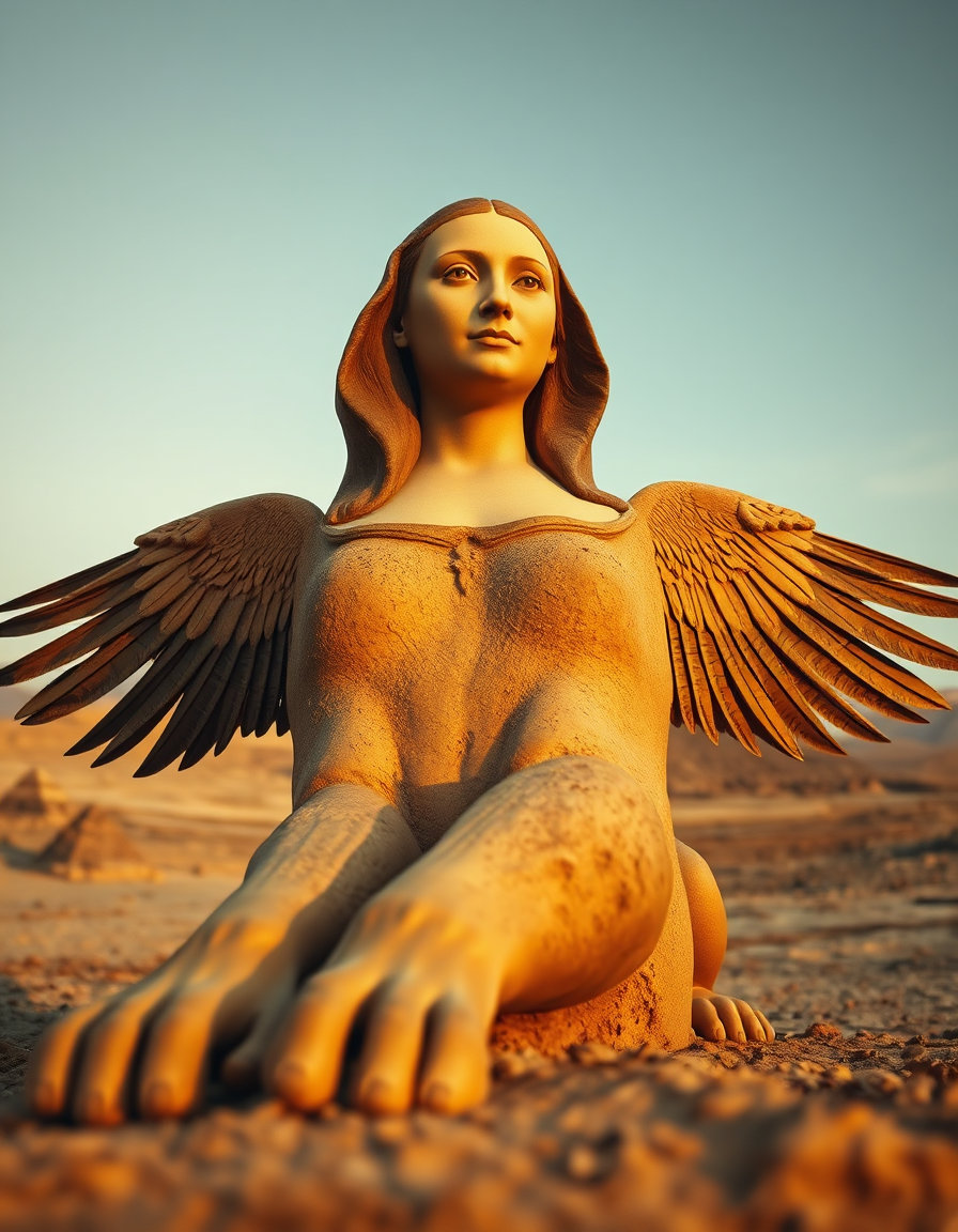 Envision a captivating fusion of Renaissance art and ancient mythology: The enigmatic head of the Mona Lisa, renowned for her subtle, knowing smile, seamlessly integrated onto the majestic body of a sphinx, a creature of legend with the body of a lion and the wings of an eagle.
The scene is set against a backdrop of a timeless, golden light, reminiscent of the Italian countryside during the Renaissance. The Mona Lisa's head, with its intricate, Renaissance-era hairstyle and her famously mysterious gaze, sits atop the powerful body of a sphinx, which is depicted in a sitting position, exuding an aura of wisdom and mystery.
The sphinx's body, covered in fine, golden sand, shows exquisite detail, from the muscles rippling beneath its lion-like skin to the delicate feathers of its wings, which are spread wide, as if in mid-gesture. The creature's face, now replaced by the Mona Lisa's iconic visage, retains its lion-like ears, adding a surreal touch to the overall image.
In the distance, a vague outline of the Pyramids of Giza can be seen, blending into the horizon, symbolizing a bridge between ancient Egyptian culture and the Renaissance. The atmosphere is serene, with a hint of mystique, inviting viewers to ponder the secrets behind this fantastical creature's enigmatic smile.
The perspective is that of a low-angle shot, looking upwards, which enhances the monumentality and mystique of the creature. The camera is positioned close enough to capture the intricate details of the Mona Lisa's expression and the texture of the sphinx's body but at a distance that also allows a comprehensive view of this surreal being.
The lighting is soft and diffused, with the golden hue of late afternoon accentuating the textures and adding depth to the entire scene. Shadows are subtle, enhancing the three-dimensionality of the creature and adding to the mystery.
The action or moment captured is one of stillness and contemplation, as if the creature/monument is pausing in its eternal vigilance, lost in thought. The overall mood is one of intrigue and timelessness, a blend of historical epochs and artistic masterpieces in a single, awe-inspiring image.
This image invites viewers to engage with it on multiple levels, from appreciating the artistic and historical references to pondering the symbolic meanings of this creature, which embodies both the mystery of ancient times and the artistic genius of the Renaissance.
The final enhanced prompt for generating an image on AI tools could be:
"Generate an image of the Mona Lisa's head on the body of a sphinx, set against a golden light backdrop with the Pyramids in the distance, captured in a low-angle, close-up shot with soft, diffused lighting, emphasizing the textures and mystery of this surreal, timeless creature."
