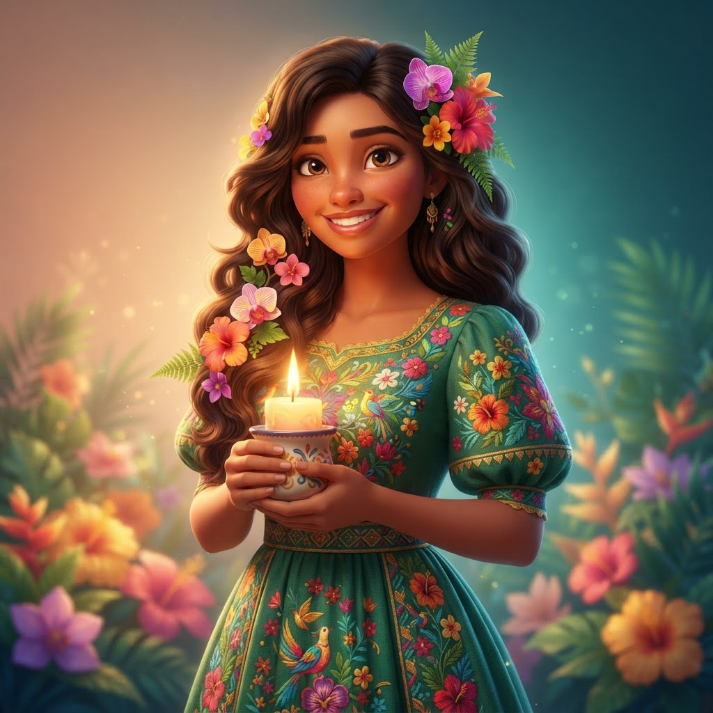 3D animated movie style young Colombian woman with wavy dark hair and a green embroidered dress, holding a glowing candle, tropical flowers, clean soft gradient studio background, vibrant, crisp high detail, digital illustration, no text, no words