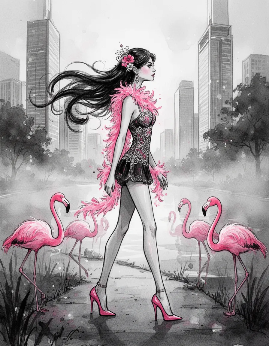 illustrated digital fashion illustration of a stylized female model in profile walking along a misty river path, wearing a pink feather boa, high‑heeled shoes, ornate bodice and short skirt, with dramatic flowing hair and a floral hair accessory; foreground pink flamingos stride beside her; modernist skyscrapers rise in the background; asymmetrical balance layout with the dominant model and flamingos positioned on one side of the frame and the sleek skyscrapers and trees offset on the opposite side, creating visual stability without symmetry; monochromatic grayscale base with selective pink saturation, high‑contrast black line art, ink‑wash textures, and subtle watercolor washes; soft diffused ambient light with gentle side highlights and a hazy atmospheric glow; vertical full‑body composition, eye‑level three‑quarter view, layered depth and leading lines traced by hair and flamingo necks.