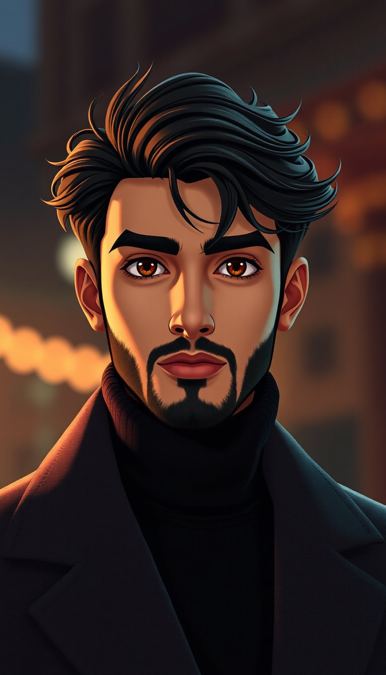 Young handsome Pakistani man named Zeeshan, age 28, soft wheatish skin tone, deep emotional brown eyes, stylish black hair with soft messy texture, light trimmed beard, attractive innocent face, elegant personality, wearing black turtleneck and long coat, cinematic anime style, semi-realistic cartoon style, emotional expression, soft lighting, dreamy atmosphere, luxury Islamabad vibe, highly detailed face, Korean anime inspired, realistic 3D animated character, warm color grading, ultra cinematic portrait, emotional romantic hero look, soft shadows, depth of field, beautiful background blur, premium quality character design