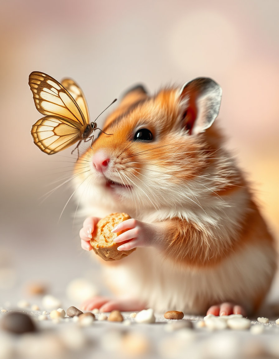 A hyper-realistic, ultra-detailed macro-style image of a tiny hamster holding a small piece of food while a delicate butterfly hovers nearby. The hamster has adorable cheeks and soft fluffy fur with extremely detailed textures. The butterfly’s wings are intricate and softly illuminated. The background features dreamy pastel tones with a beautifully blurred bokeh effect, creating a calm and serene atmosphere. Soft natural lighting gently highlights the hamster and butterfly. Extremely shallow depth of field, cinematic macro photography style, 8K resolution, photorealistic, professional animal photography style, sharp focus on the hamster and butterfly