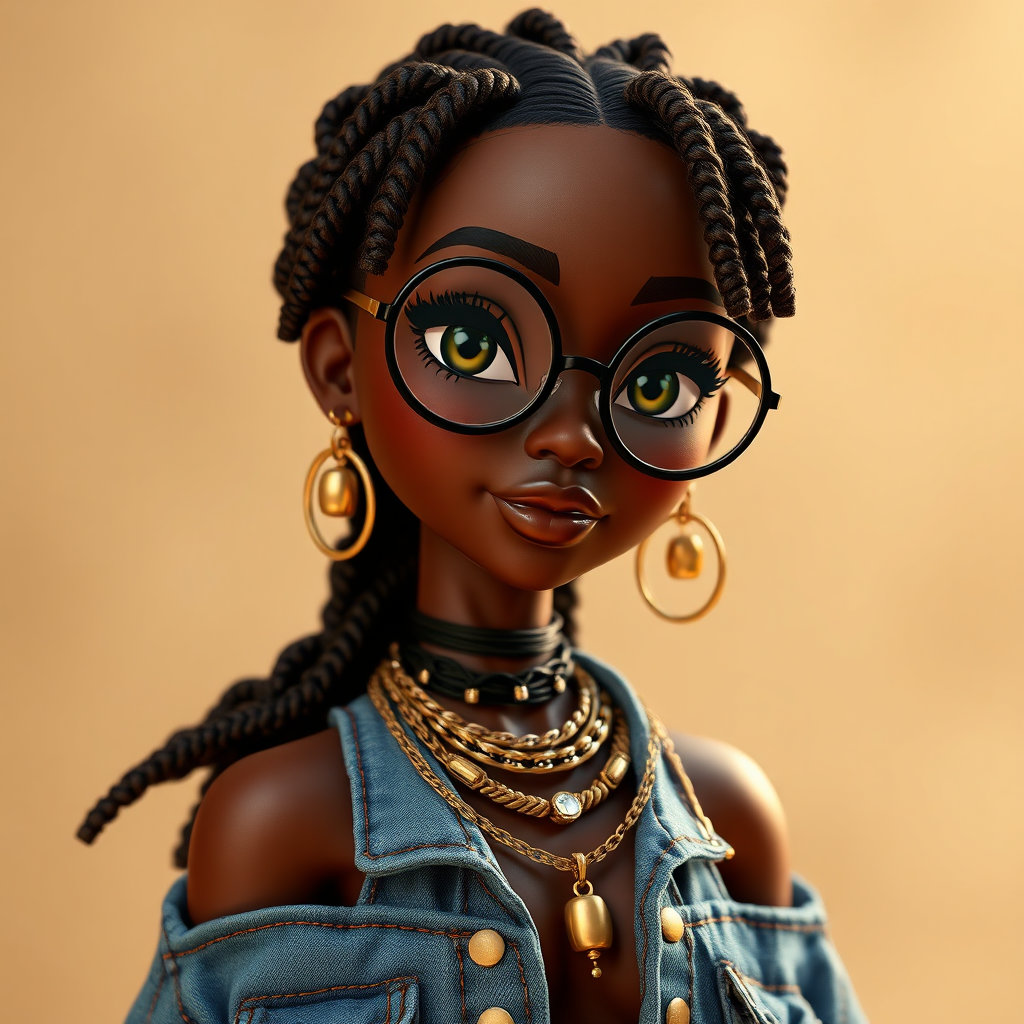 Fashionable stylized African American female character with deep brown skin, oversized round glasses, very long textured braids with gold charms, boho chic fashion styling, layered jewelry, denim clothing, and confident soulful expression. Rendered in premium stylized 3D animated doll aesthetic with cinematic lighting and highly detailed textures. Warm neutral blurred background, elegant pose, artistic fashion editorial composition, modern Black girl luxury aesthetic, creator energy, emotionally expressive eyes, soft glamour atmosphere. Pixar-inspired quality, collectible doll appearance, trendy feminine styling, beautiful warm color palette.
--v 8.1