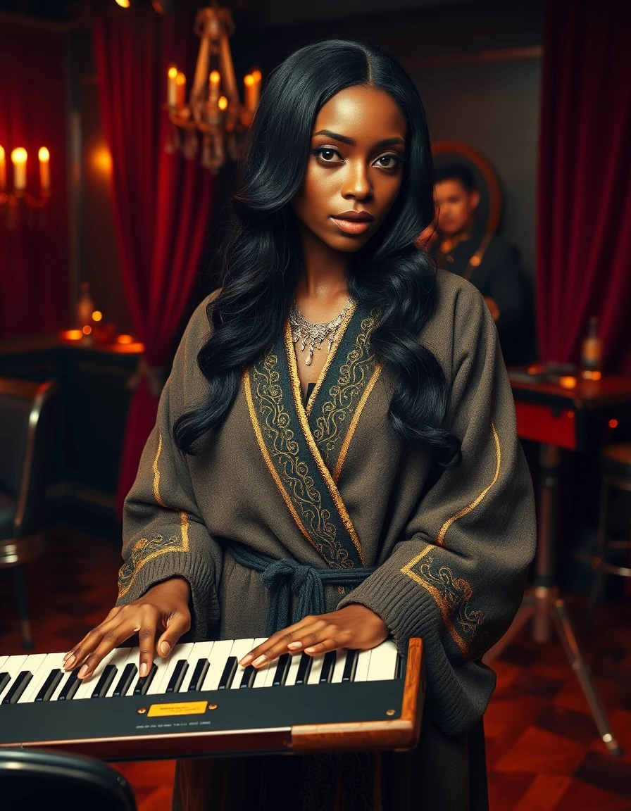 ebony 40‑year‑old aristocratic woman with long black hair, brown eyes, noble features, holding a sleek keyboard with gold trim, wearing an embroidered felt robe with visible stitching, silk garments, ornate jewelry, in a 1950s jazz club with dark hardwood floor, velvet drapes, chrome surfaces, over‑the‑shoulder framing, incandescent fury palette of molten orange, crimson, sulfur yellow, void black, hot highlights, scorched shadows, internalized rage, explosive potential, incandescent light emanating from within.
