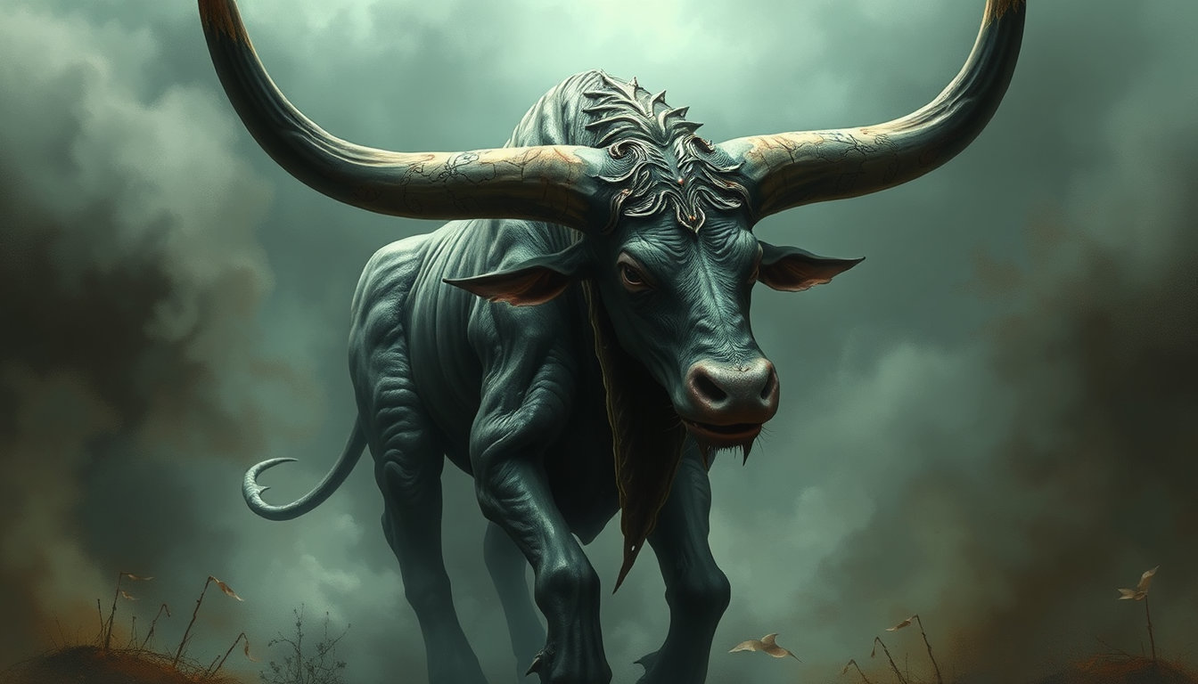 in a hauntingly beautiful digital oil painting style, reminiscent of j.c. leyendecker's vibrant, vintage lines and 80s graphic novel flair, a mesmerizing scene unfolds. the atmosphere is set against a richly detailed, concept-art quality background, imbued with a matte-painting sensibility, providing a sense of depth and dimension. in the foreground, a magnificent creature emerges, crafted with fine brushwork and layered glazes, echoing the characteristics of paintery medium's painterly finish. this is a plague farm creature, its twisted, elongated body exuding an air of serene, contemplative elegance, as soft diffused light dances across its diseased surfaces. muted earth tones, subtle greens, and soft pastels converge in a dreamlike harmony, accentuating the delicate otherworldly mist that swirls through the dark, gothic-inspired background. as the camera captures a medium shot at a precise 42 mm focal length, the image is imbued with hyper-realistic precision, while maintaining a highly stylized quality that balances precise oil-style strokes with exquisite elements of fantasy illustration and subtle texture. the result is a skillful balance of mystery and subtle horror, which neither overpowers nor underwhelms. at the center of this captivating scene, a creepy minotaur monster comes into view, its hybrid form merging man and bull in a terrifying yet majestic display. sharp fangs and a powerful build evoke a sense of primal fear, while the overall atmosphere maintains a hauntingly beautiful, surreal quality. the subject's twisted visage is set against the serene, haunting backdrop, a perfect juxtaposition of light and darkness, creating an image that is both unsettling and captivating.