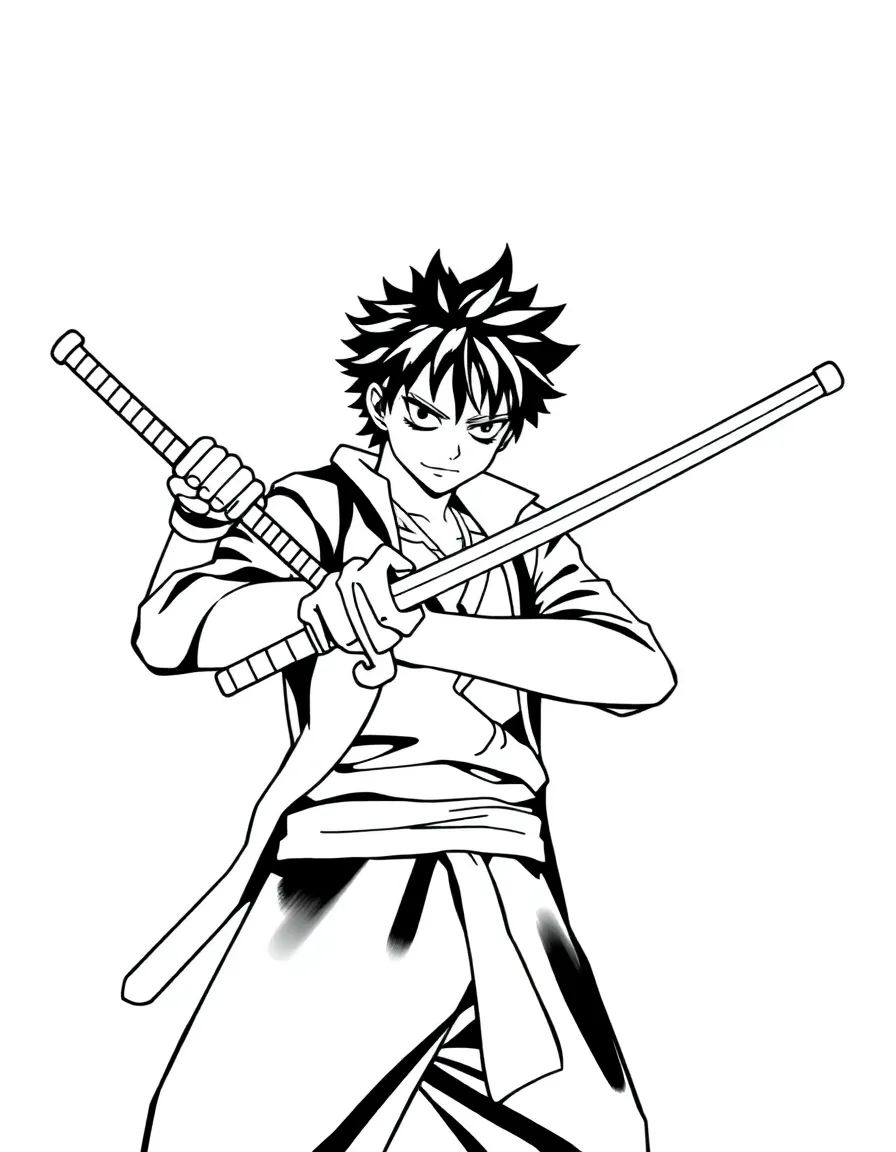 a bounty poster featuring the one piece character roronoa zoro, a skilled swordsman with three swords, prominently displayed in the center, his iconic wado ichimonji, sandai kitetsu, and shusui swords drawn in bold black line art, with a perfectly pure solid white background, isolated on a sheet of white paper, devoid of any shading, gradients, or color fill, with high contrast and clean outlines, as if ripped from a classic black and white coloring book, with a 1:1 aspect ratio, inviting the viewer to bring the character to life with their own vibrant colors.