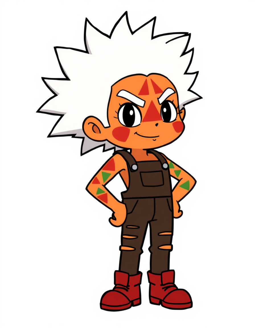Mascot-style cartoon character, Jasper from Steven Universe, orange skin with red and green geometric patterns on face and arms, large white spiky hair, wearing dark brown ripped overalls with red boots, confident stance, flat vector art, bold black outlines, solid colors, clean white background, 2D animation style.