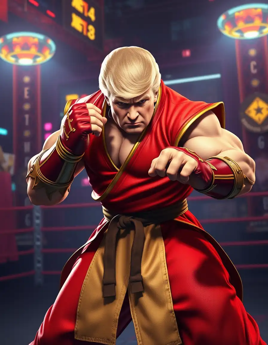 “A Street Fighter style character with a muscular, powerful body, wearing a red and gold martial arts outfit with armor gloves, dramatic energy aura, posing in an action stance in a neon-lit fighting arena, ultra-realistic lighting and cinematic shadows, with the face of Donald Trump, video game concept art style”