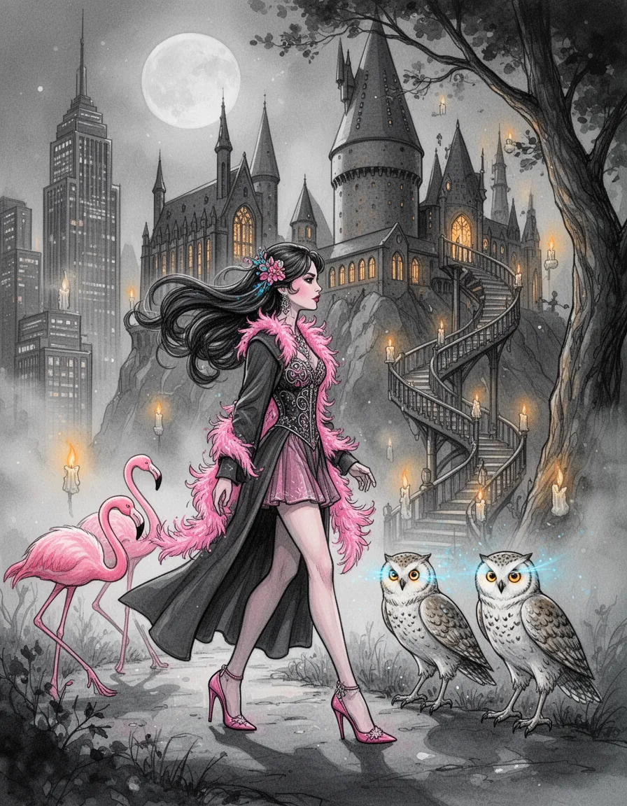 "illustrated digital fashion illustration of a stylized female model in profile walking along a mystical misty path, wearing a pink feather boa, high-heeled shoes, ornate bodice and short skirt, with dramatic flowing hair and a floral hair accessory resembling a wise hogwarts professor wearing traditional school robes; a majestic, gothic hogwarts castle rises behind her, with towering stone spires, glowing arched windows, and a moving staircase appears to wrap around a nearby tree trunk; in the foreground, pink flamingos morph into loyal messenger owls with glowing, intelligent eyes, striding beside her; modernist skyscrapers are transformed into the majestic architecture of hogwarts castle; asymmetrical balance layout with the dominant model and owls positioned on one side of the frame and the hogwarts castle and trees offset on the opposite side, creating visual stability without symmetry; monochromatic grayscale base with selective pink and blue color saturation, high-contrast black line art, ink-wash textures, and subtle watercolor washes; soft diffused ambient light with gentle side highlights and a hazy atmospheric glow from floating candles, warm fireplace glows, and soft moonlight, casting deep, detailed shadows across an enchanted wizarding world; vertical full-body composition, eye-level three-quarter view, layered depth and leading lines traced by hair, owl necks, and the winding staircase."