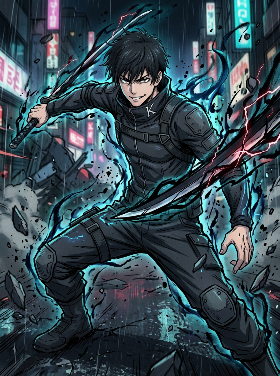 an original jujutsu sorcerer character, confident battle stance, glowing cursed energy swirling around the body, sleek dark sorcerer uniform, signature weapon, Jujutsu Kaisen anime style, cinematic MAPPA-inspired action, crisp cel shading, dynamic cursed-energy effects, dramatic ink linework, high-contrast lighting, fluid action poses, detailed sorcerer uniforms, intense facial expressions