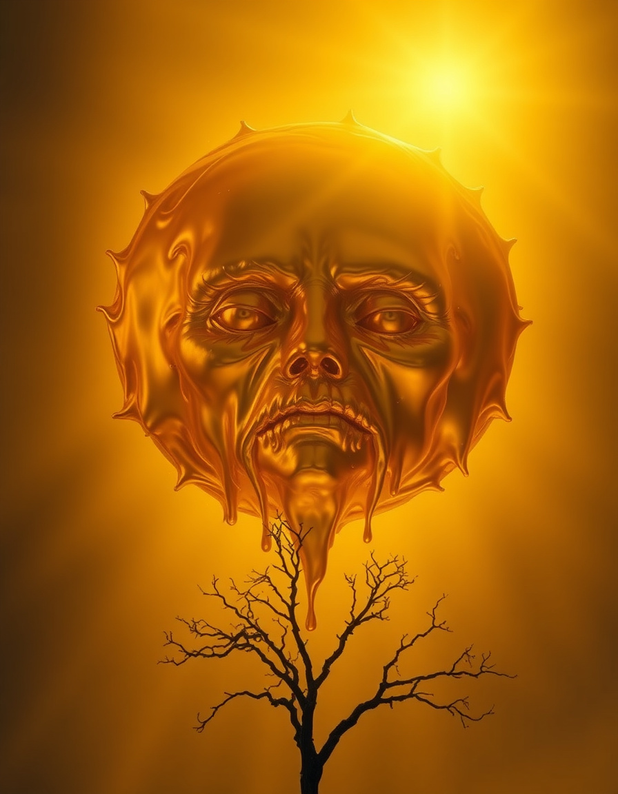The sun descends as a molten golden mask, its liquid features flowing in slow, viscous drips. COMPOSITION: centered circular form dominating frame; horizon extremely low, emphasizing celestial scale. LIGHTING: intense metallic bloom, high dynamic range reflections on rippling gold. STYLE: symbolist surrealism fused with molten-metal VFX—fluid simulations, mirror distortions, soft atmospheric diffusion. A single tree silhouette stands below, branches bending in radiant heat waves. MOOD: divine, uncanny, hypnotic.