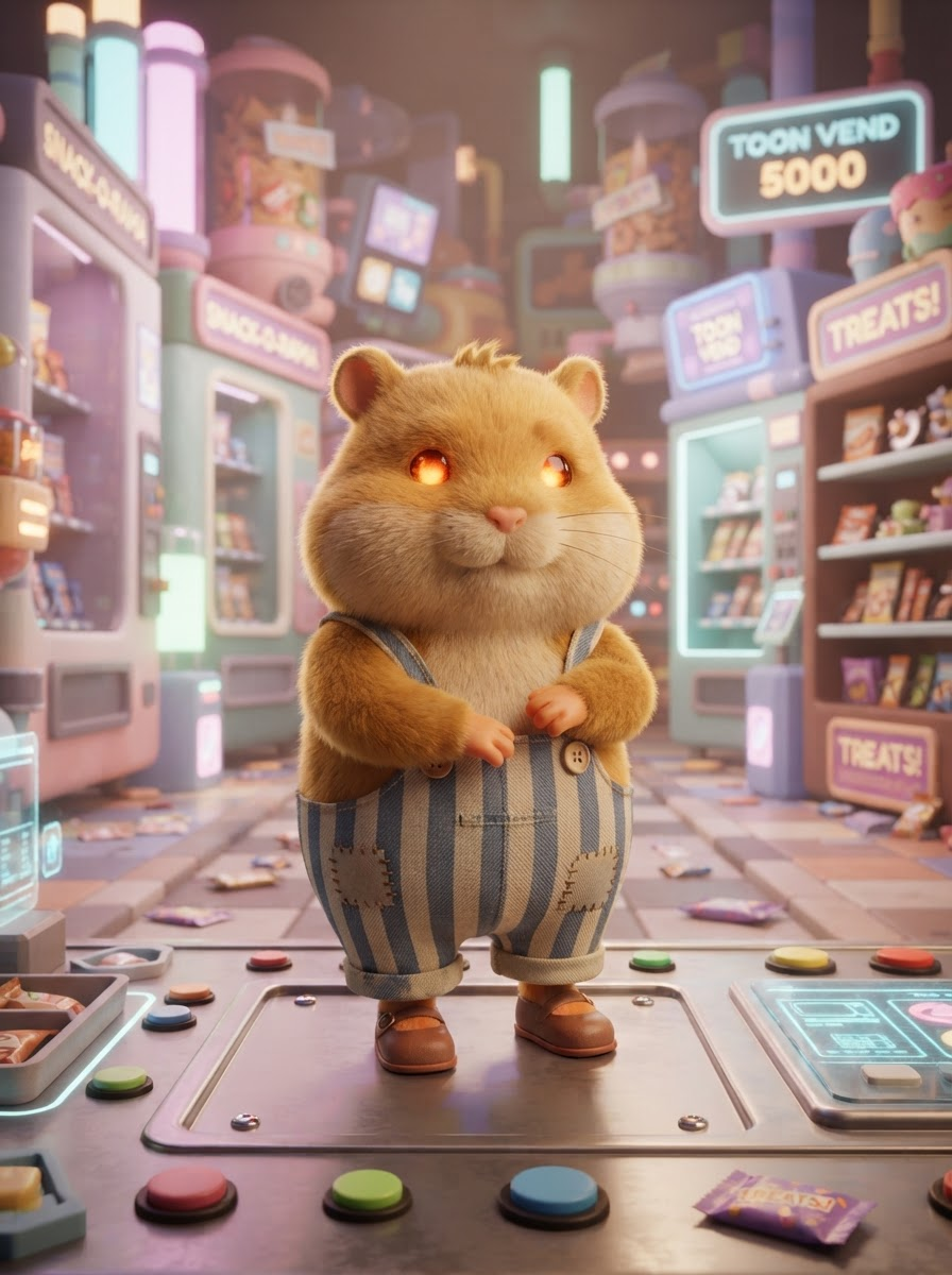 a plump hamster Toon with golden-brown fuzzy fur, glowing ember eyes, and little orange paws, no expression yet, drawn in Dandy's World's bouncy rounded storybook style, in the style of Dandy's World, cute 3D toon render, pastel-but-eerie colors, whimsical vending-machine world, full-body character portrait, centered, relaxed lively stance. SFW, everyone fully clothed in modest attire. Crisp detail, sharp focus, rich lighting, highly detailed