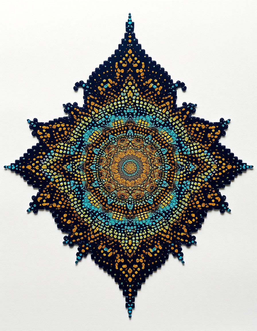 pixelated dreamscape on white kraft paper, centered symmetry, silhouette mirrored on both sides, byzantine mosaic style with shimmering gold tesserae, luminous reflective surfaces, fractal glitter‑like dots in a fibonacci spiral, crisp contour lines, lo‑fi cardboard texture, accelerating mechanical energy pulses at the center, navy, teal, turquoise, seafoam, icy blue highlights, navy, teal, turquoise, seafoam, icy blue highlights.