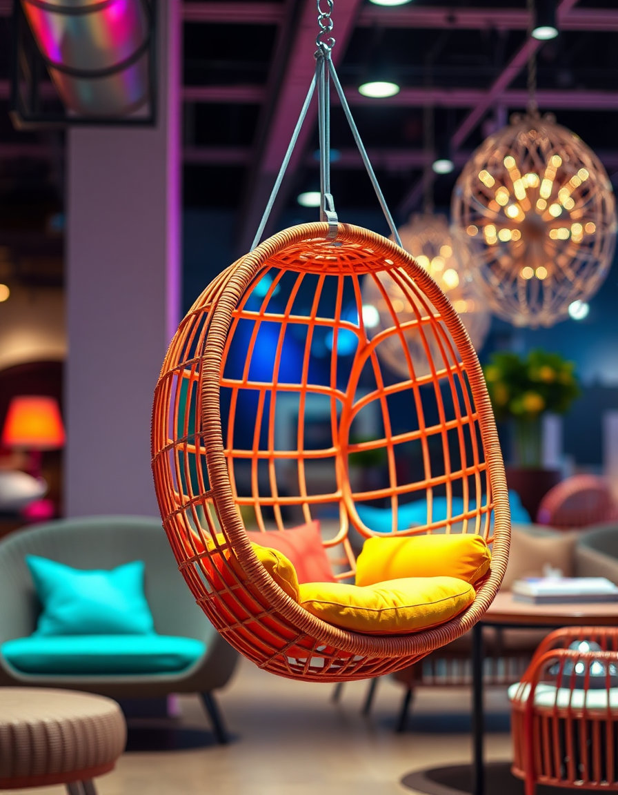 hanging egg chair suspended wicker furniture in a furniture showroom, electric hot magenta, cyan, lime and ultraviolet palette with deep blacks, glowing luminescent hues, photorealistic digital photography, point‑and‑shoot style, high saturation, warm cast replaced, direct flash lighting, hard frontal light, shallow depth of field, soft circular bokeh, smooth woven synthetic rattan frame, orange velvet upholstery recolored in magenta‑cyan‑lime tones, minimal shadows, commercial catalog aesthetic, electric hot magenta, cyan, lime and ultraviolet palette.