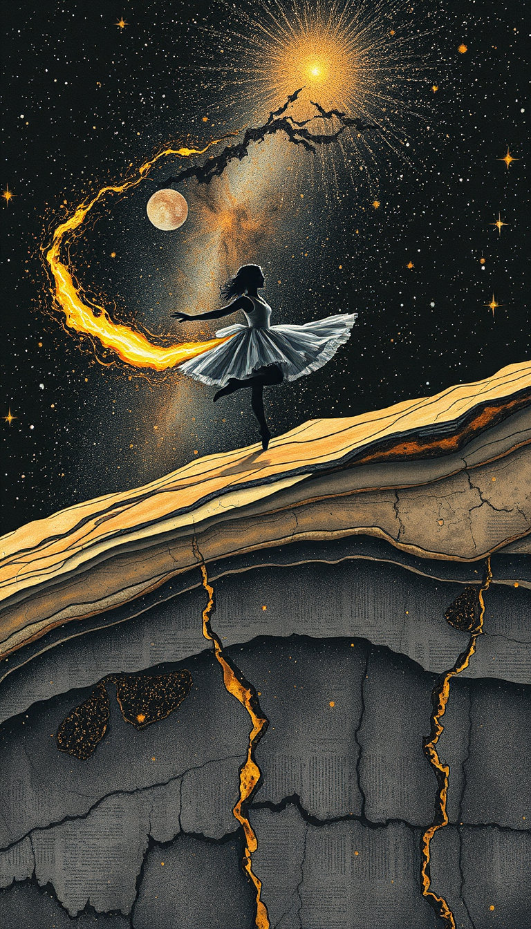 a lone ballerina on a cosmic nebula streaking across the void with a mystical glowing tail, nebula dust and starlight, geological cross‑section style showing layered strata, fault lines and mineral veins beneath the surface, with sedimentary textures in ochre, gray, cream and black and gold veins, the collage of gritty newspaper, torn fabric, rusted metal and neon acid‑green accents integrated into the rock layers, detailed silhouette against stark negative sky, close‑up perspective, bold sumi‑ink lineweight, avant‑garde punk dystopia atmosphere, geological cross‑section aesthetic