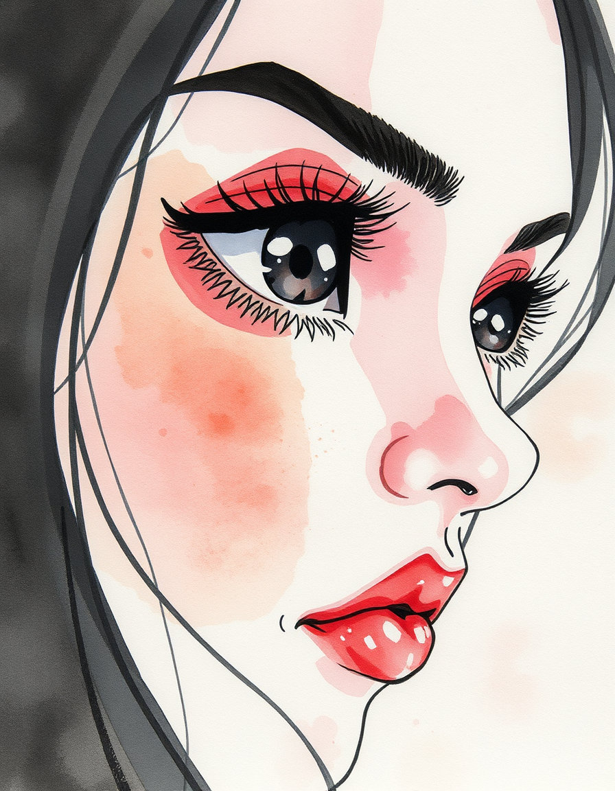 a watercolor painting on cold-press paper, showcasing a hydrophilic medium where diluted pigments interact with the rough tooth of the paper, producing granular textures and organic edge diffusion. water saturation controls pigment mobility, enabling soft blooms, tide marks, and feathered gradients, with highlights relying on untouched paper. layering transparent washes builds depth while maintaining chromatic delicacy, and capillary action drives pigment settlement into micro-crevices, generating fine speckling that enhances atmospheric nuance. the overall aesthetic is luminous and texturally subtle, emphasizing mood and light. this is combined with an anime stylization, grounded in the disciplined use of bold linework, controlled chromatic harmonies, and simplified yet expressive facial geometry. colors are cell-shaded with abrupt value separation, creating crisp, graphic clarity. lighting relies on broad specular highlights and intentionally reduced ambient fill, giving forms a high-contrast appearance. surface textures are minimized, allowing attention to flow toward gesture, silhouette, and expression. eye rendering employs complex layering. the scene is rendered in beautiful black ink color.
