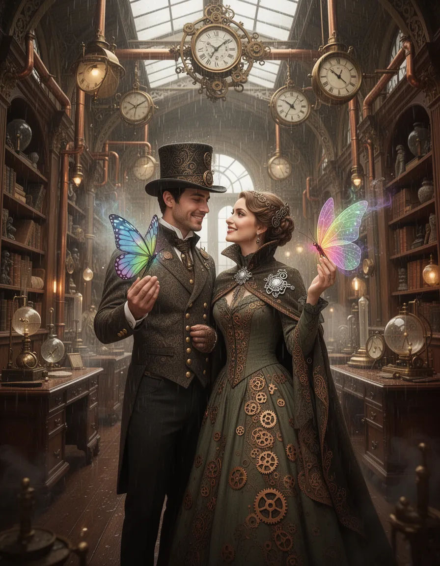 in a majestic victorian steampunk setting, a delicate dance of gears and mechanisms fills the air with an otherworldly aroma of steam and polished leather. a grand, high-ceilinged room with brass accents and copper pipes supports a kaleidoscope of intricate clockwork contraptions, vintage navigational instruments, and old scientific devices. shelves lined with dusty tomes and mysterious, ancient artifacts adorn the walls, while polished, dark wood furniture provides a warm, inviting glow.
deep within this whimsical scene, a lovely couple stands in a picturesque pose, radiating an aura of love and enchantment. the male figure, dressed in a dashing, intricately patterned top hat and a waistcoat adorned with gleaming brass buttons, tenderly holds a beautiful, delicate butterfly in his right hand.
his sweetheart, an elegant lady draped in a flowing, tea-length dress with a pattern of interlocking copper gears, gazes lovingly into his eyes. her left hand is adorned with an exquisite, high-collared cloak, clasped with a gleaming silver brooch that resembles a miniature, whimsical clockwork device. her dress is a beautiful blend of victorian and steampunk elements, with intricate, copper-colored embroidery that adds an extra layer of wonder to her enchanting appearance.
the butterfly, with wings as translucent as glass and as colorful as a rainbow, delicately perches upon her upturned hand, its delicate body vibrating with an ethereal, otherworldly energy. a gentle rain falls from above, casting a serene, dreamy quality upon the scene, and the couple stands together, basking in the love and magic that surrounds them. the atmosphere is one of joy, wonder, and steampunk whimsy, a dreamlike fusion of romance and science fiction fantasy.