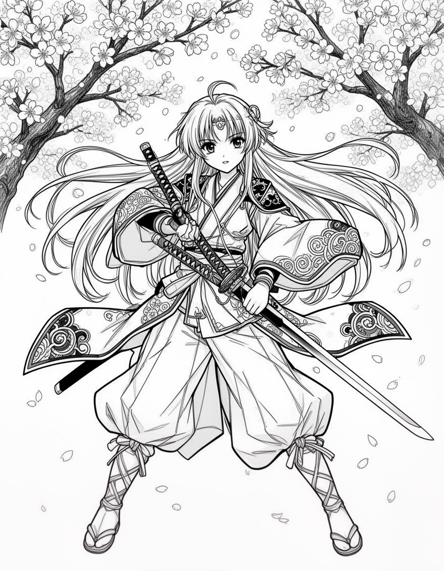 highly detailed black and white line art of an original anime warrior girl with long flowing hair holding a katana under cherry blossom trees, dynamic pose, intricate clothing patterns, clean bold outlines, no shading, no grayscale, coloring book style, white background, 300 dpi