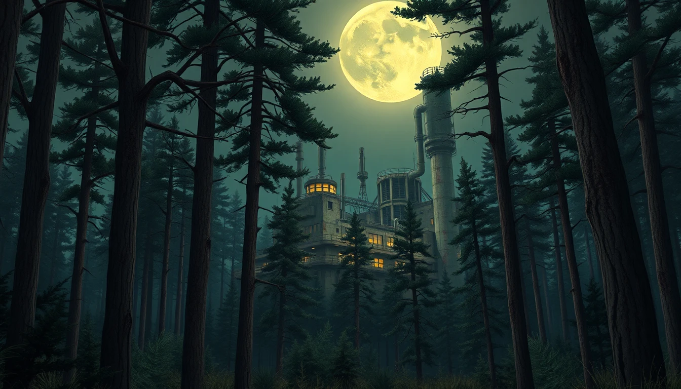 in a dense and foreboding pine forest, where trees rise like skeletal fingers towards the darkening sky, a remote and ominous research facility looms in the distance, its austere architecture a blend of vintage industrial and modern sci-fi sensibilities, reminiscent of a 1940s era pulp illustration by j.c. leyendecker, with a palette of high contrast colors, bold lines, and vibrant hues that evoke the nostalgia of 80s graphic novels and the style of classic pulp fiction. the overall aesthetic is one of eerie realism, as if plucked straight from a dark and forgotten corner of a vintage comic book. the facility itself is a maze of twisted corridors, laboratory wings, and towering pipes, its rusting metal and concrete surfaces illuminated by flickering fluorescent lights that cast an otherworldly glow on the surrounding foliage. the atmosphere is heavy with the scent of damp earth, decaying leaves, and the faint tang of chemical experiments gone awry. in the foreground, the tree trunks stand tall and unyielding, their gnarled bark a testament to the unforgiving power of nature. the branches above are a tangled web of limbs, leaves and needles that filter the faint moonlight, casting dappled shadows across the forest floor. the air is heavy with the silence of the night, broken only by the distant hooting of an owl or the soft rustle of small creatures scurrying through the underbrush. as the eye is drawn to the research facility, we see it in exquisite detail, a marriage of the finest brushwork, layered glazes, and natural texture, a work of digital oil painting that would not be out of place in a gallery of contemporary art. every surface, every detail, every line and curve is rendered with a level of precision and realism that is nothing short of breathtaking, a true masterpiece of the digital painter's art. in the midst of this haunting scene, the research facility stands as a monolith to human ingenuity, a testament to our boundless curiosity and our unrelenting drive to uncover the secrets of the universe. and yet, it stands as a stark reminder of the dangers of unchecked ambition, of the horrors that we unleash when we tamper with forces we do not fully understand. in the shadows, unseen and unknown, lurks the darkness that dwells within the labyrinthine corridors of the facility, waiting patiently for its next victim. the trees loom over the scene like sentinels, their branches grasping towards the heavens like skeletal fingers, a constant reminder of the power of nature, and the insignificance of humanity in the grand scheme of things.