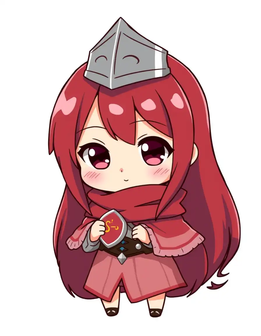 erza scarlet in chibi style wearing her fairy tail guild cloak with an adorable, sweet expression. she has a tiny knight's hat on her head and holds a miniature s-class guild badge.