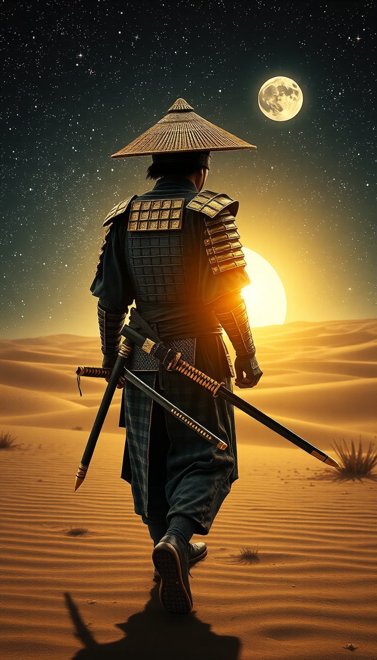 a breathtaking cinematic film still of a stunning samurai warrior, rendered in flowing ink lines and accented by shimmering gold leaf, highlights the contours with radiant metallic touches. the warrior, clad in traditional armor elements, hakama trousers, and a sashimono, walks away with a heavy gait, back turned to the viewer. a straw conical hat (sugegasa) sits atop their head, while a katana at their hip and in its scabbard exudes a sense of stoic determination. the background is a vast desert under a brilliant star-filled sky, with dunes glowing silver in moonlight, merging the rustic, rural landscape of an open field with the futuristic, cosmic desert world of starlit desert expanse.
the scene is bathed in reverse key subtractive lighting, sculpting the samurai's form by removing light, yielding velvety shadows and hyper-dimensional contrast. over this, the samurai's armor, clothing, and the surrounding terrain pulse with holographic prismatic iridescence, shifting through the spectrum in liquid rainbow fans and spectral halos. the colors are vibrant and complementary, with a beautiful, bright palette reminiscent of the pulp comic galaxy. however, the overall atmosphere is melancholic and solemn, with a sense of tragedy and stoicism permeating every aspect of the composition.
the style is a unique fusion of the digital vector illustration, ink wash simulation, high-contrast graphic design of the style prompts, and the nostalgic, early-internet aesthetic of genfinity webcore. the composition uses layered occlusion, where the samurai's armor and clothing partially block the midground subjects, and the midground elements overlap background details, reinforcing the realistic spatial hierarchy. strong perspective lines guide the viewer's eye through the environment toward the background calligraphy text, which serves as a natural horizon line, adding to the overall sense of depth and immersion.
the image is rendered in a medium to dark purple hue, with vivid, bright colors and beautiful, yet harsh environments reminiscent of the pulp comic galaxy. the scene is structured with clear foreground, midground, and background separation, with the samurai's imposing silhouette dominating the foreground. the subject is a heroic scale, elongated stride, with the samurai's katana at their hip and in its scabbard exuding a sense of stoic determination. the background is a minimalist sky, with falling cherry blossom petals and vertical calligraphy text, adding to the overall sense of melancholy and solemnity.
in the distance, the starlit desert expanse stretches out, a vast, desert landscape under a brilliant star-filled sky. the dunes glow silver in the moonlight, with a subtle, shimmering quality reminiscent of the holographic prismatic iridescence. the overall effect is one of haunting beauty, with the samurai's stoic determination set against the vast, alien landscape of the starlit desert expanse, creating a striking, otherworldly image that defies easy categorization.