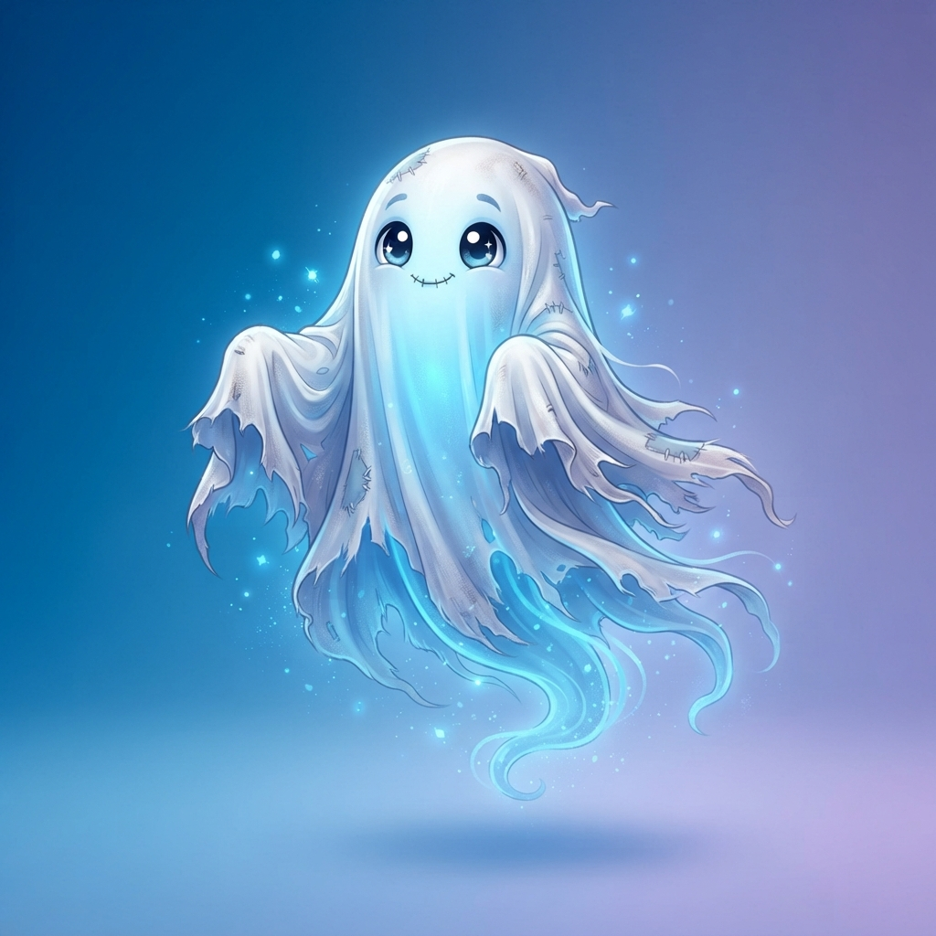 an original ghost character, a cute floating spirit under a tattered white sheet with big friendly eyes and a soft blue glow, full body original character design, clean soft gradient studio background, vibrant, crisp high detail, digital illustration, no text, no words, no watermark