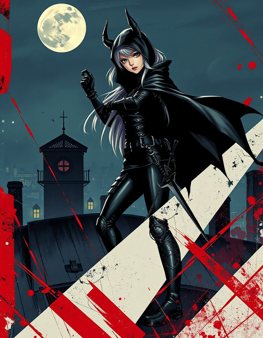 stealthy anime female assassin on a gothic rooftop at night, silhouette in black leather demonic armor, silver hair, green eyes, cloak, hidden blades. russian avant‑garde style, bold geometric abstraction, dynamic diagonal composition, hard‑edged angular forms, collage‑influenced fragmentation, palette of red, black, white, metallic, vivid primaries, dramatic moonlit atmosphere.