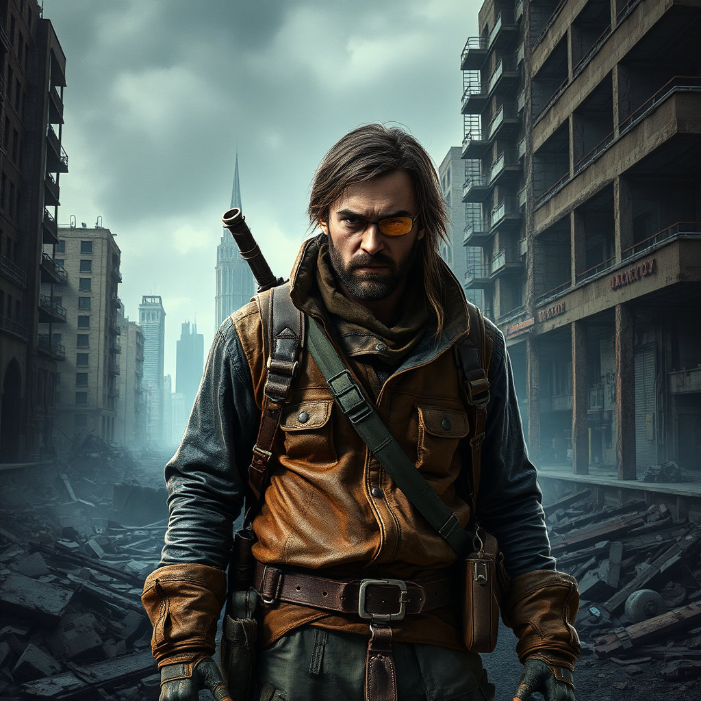 Post-apocalyptic survivor, rugged leather outfit, dystopian city ruins, gritty texture, dramatic shadows, survival gear, --ar 16:9 --q 2 --s 180