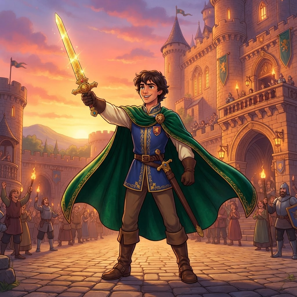 Disney-style original character, brave young hero prince with emerald cape and golden sword