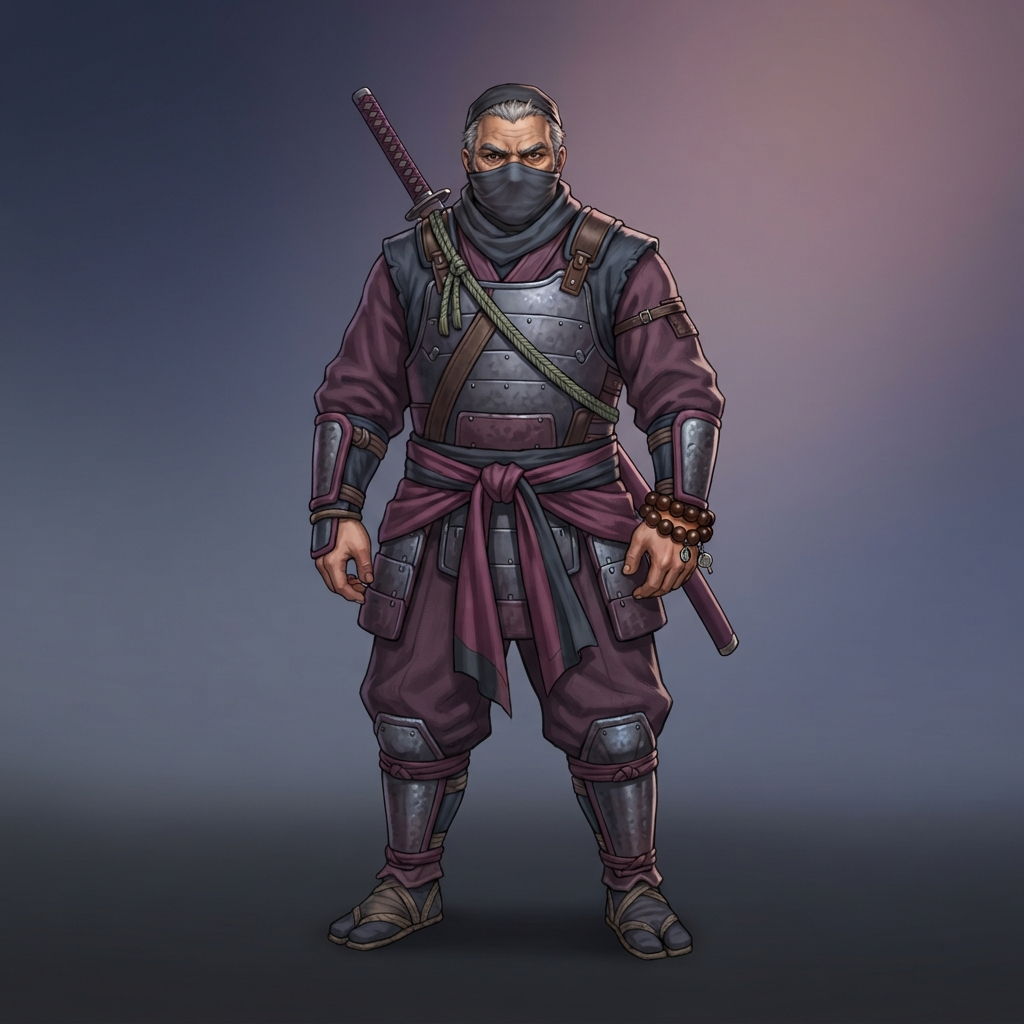original character design of a stocky older ninja, plum and slate grey armored outfit, face wrap, prayer beads on wrist, full body standing pose, clean soft gradient studio background, vibrant, crisp high detail, digital illustration, no text, no words, no watermark